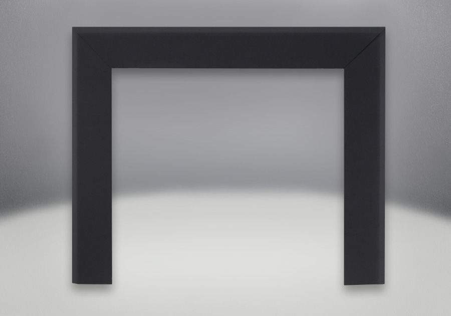 Fireplace trim kit with dark gray rectangular frame and two vertical side legs