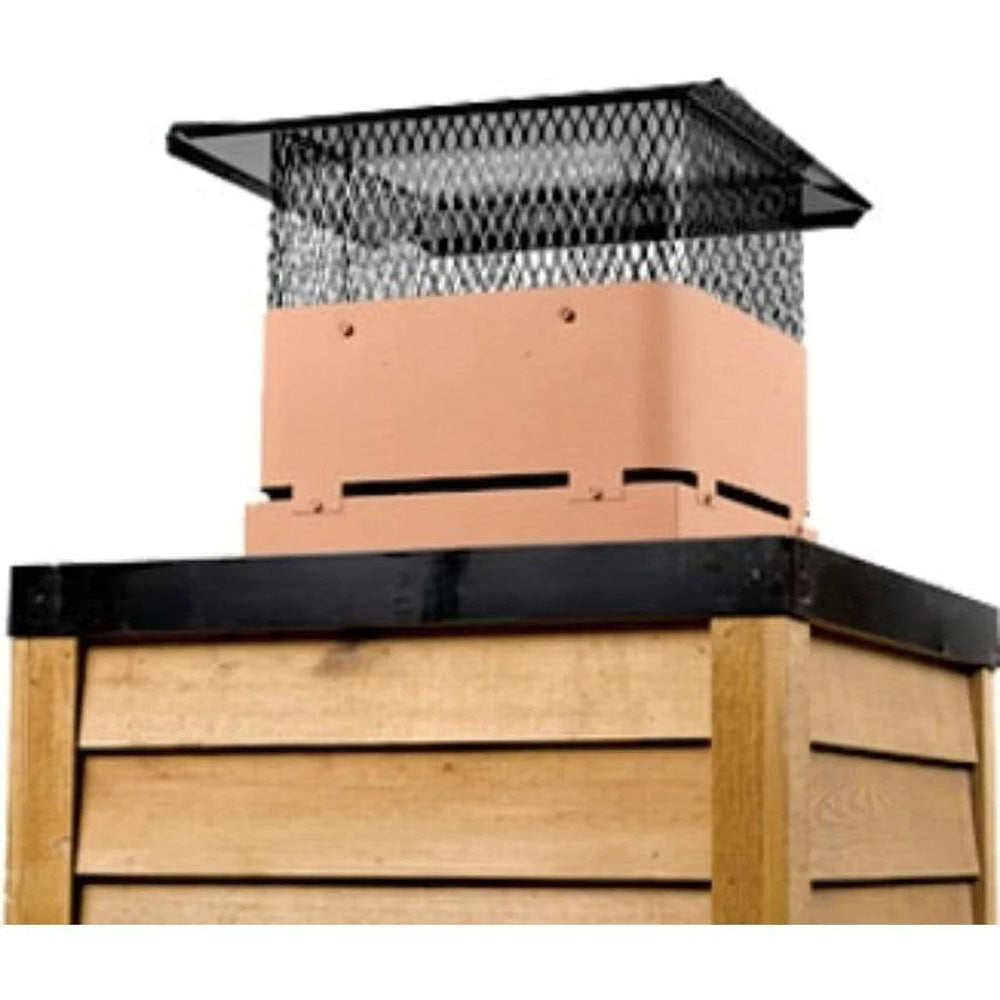Chimney termination cap cover with black mesh top and terracotta side panels