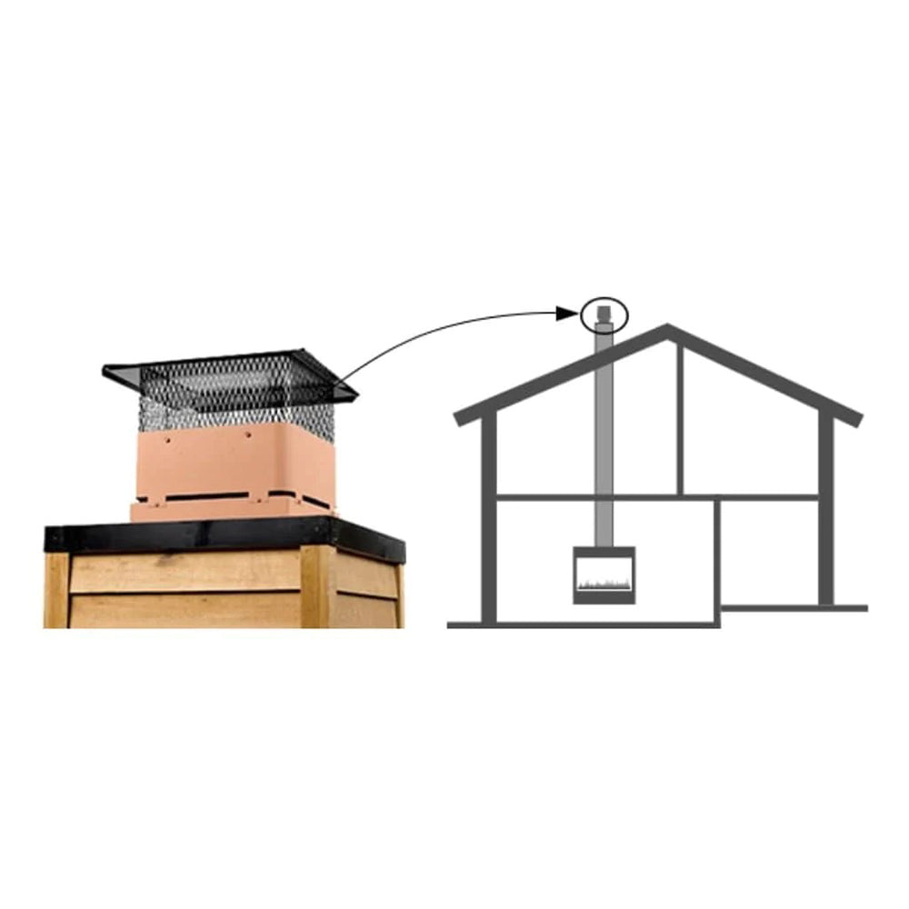 Chimney termination cap cover shown beside house diagram, black mesh top and terracotta sides