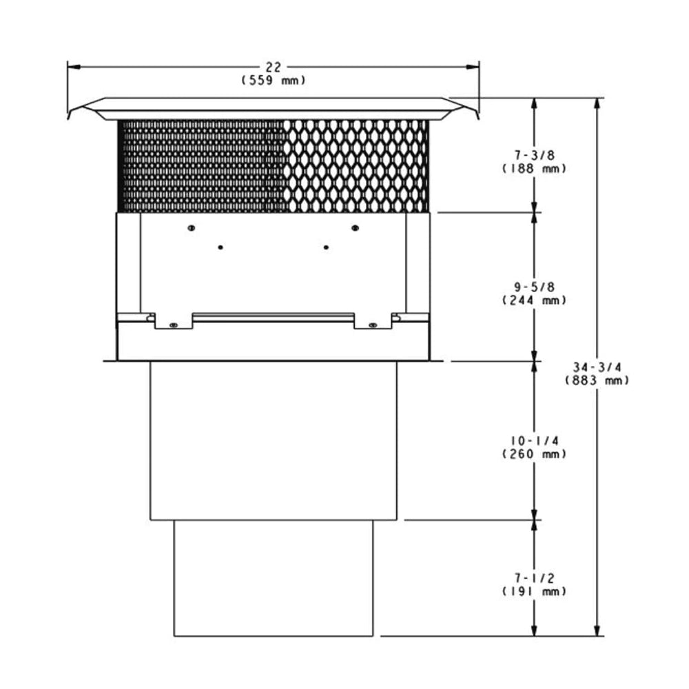 Dimensional diagram of ventilation termination cap with mesh and terracotta base