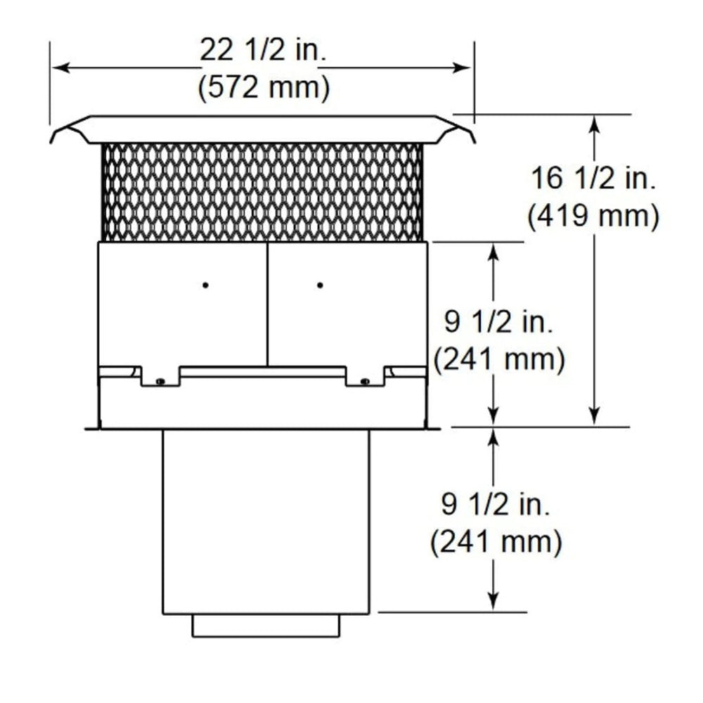 Vertical termination cap diagram with mesh top and side dimensions (in and mm)