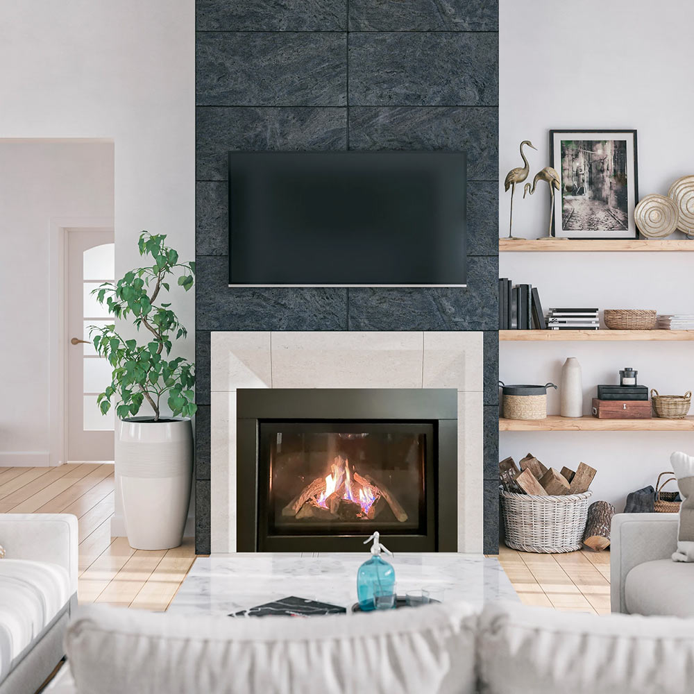 Built-in gas fireplace with burning log set and dark glass opening
