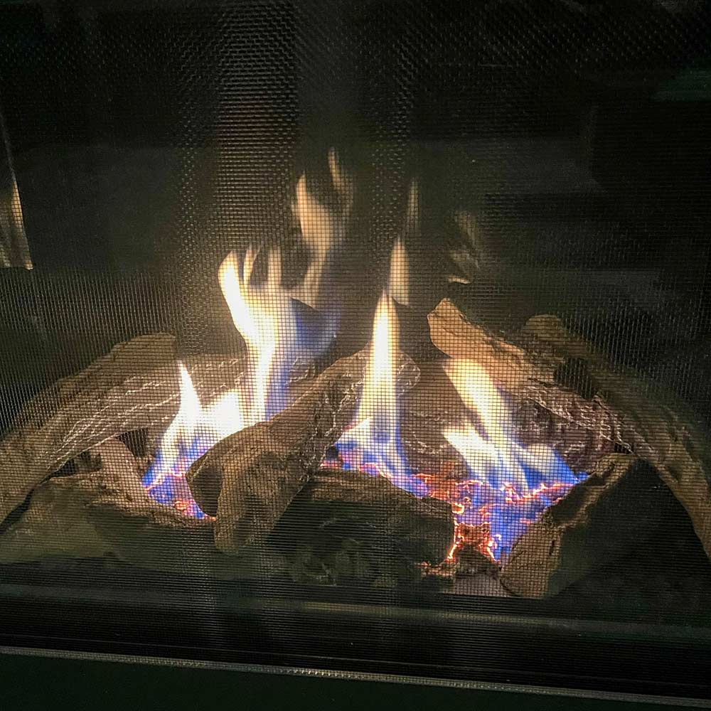 Close-up of burning logs with blue flames behind glass in gas fireplace