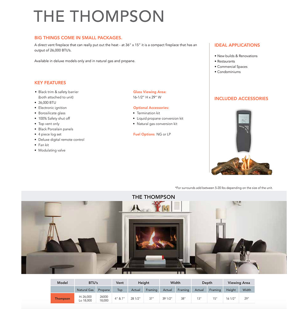 Gas fireplace brochure page showing Thompson specs and included accessories