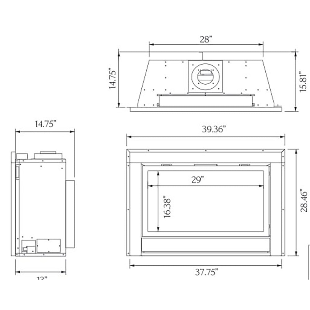 36-inch built-in gas fireplace insert with log set, front and side dimensions