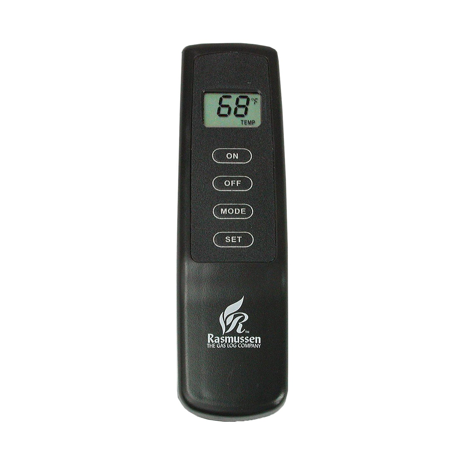 Black wireless thermostat remote control with LCD 68° display and ON/OFF/MODE/SET buttons