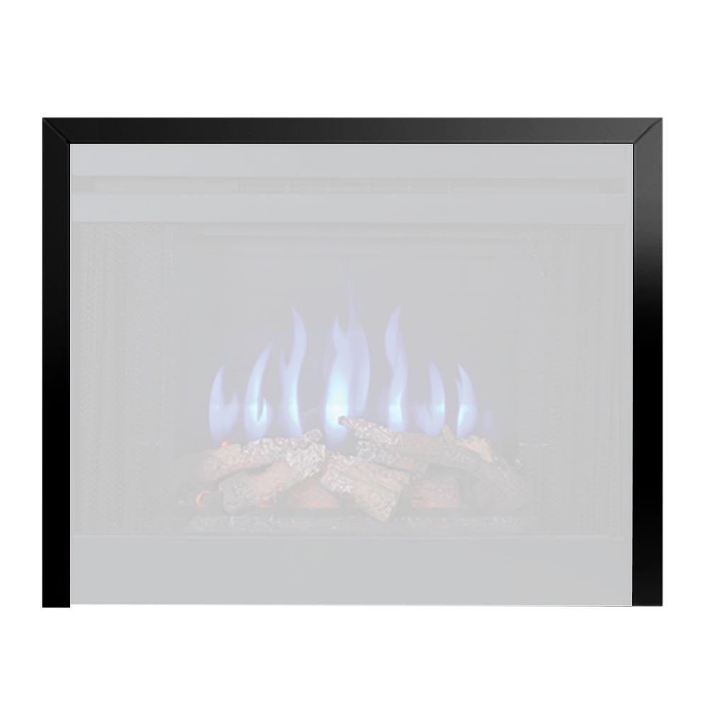 Black fireplace trim kit with square frame and glass opening, showing burner flames.