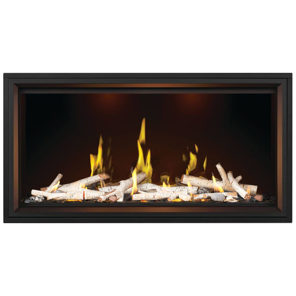 Linear gas fireplace with dark surround, glowing logs and tall yellow flames