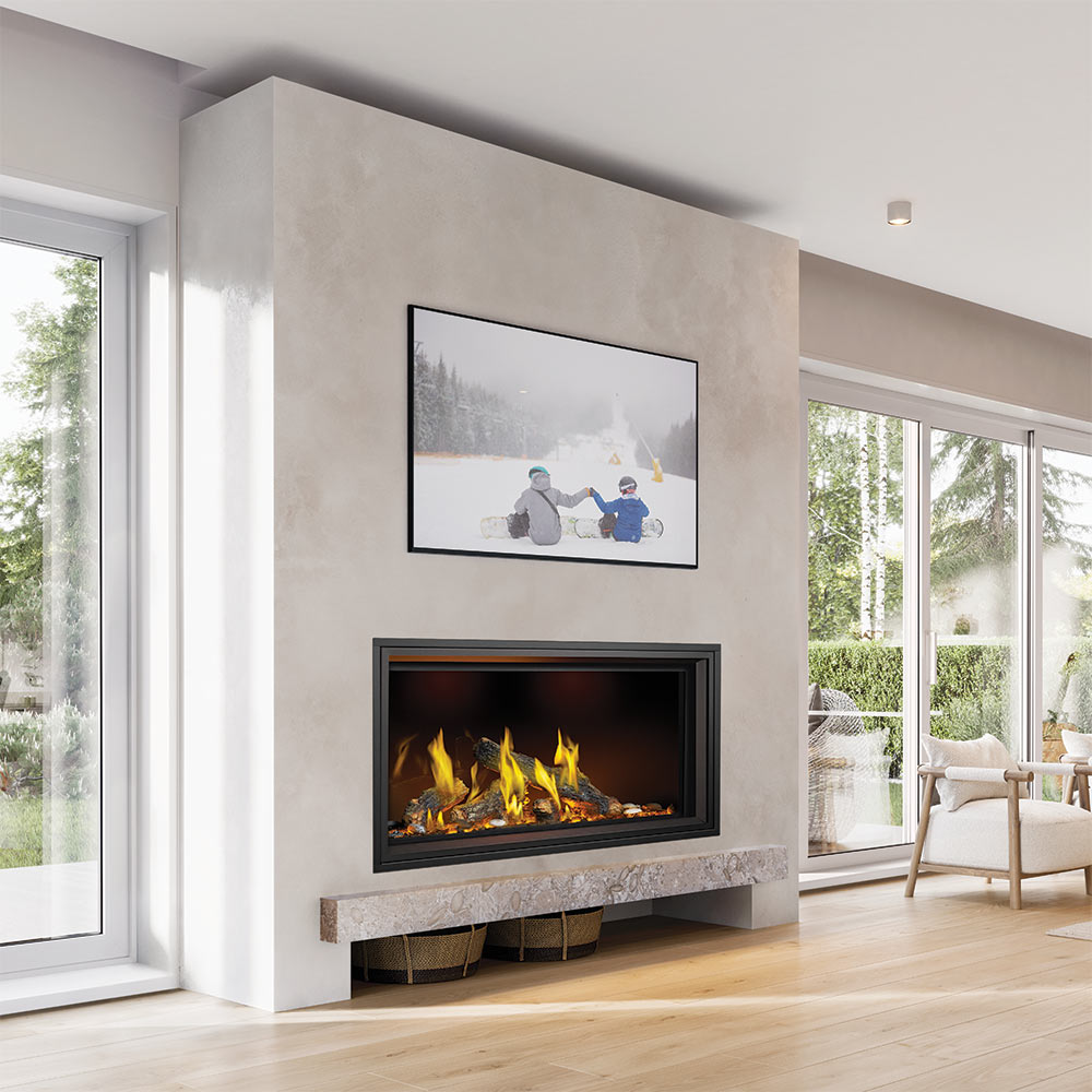 Wall-mounted gas fireplace with dark frame, glowing log bed and yellow flames