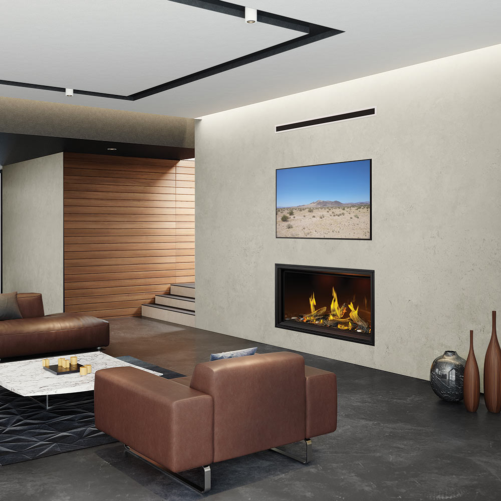 Linear gas fireplace with dark glass front, glowing logs and yellow flames