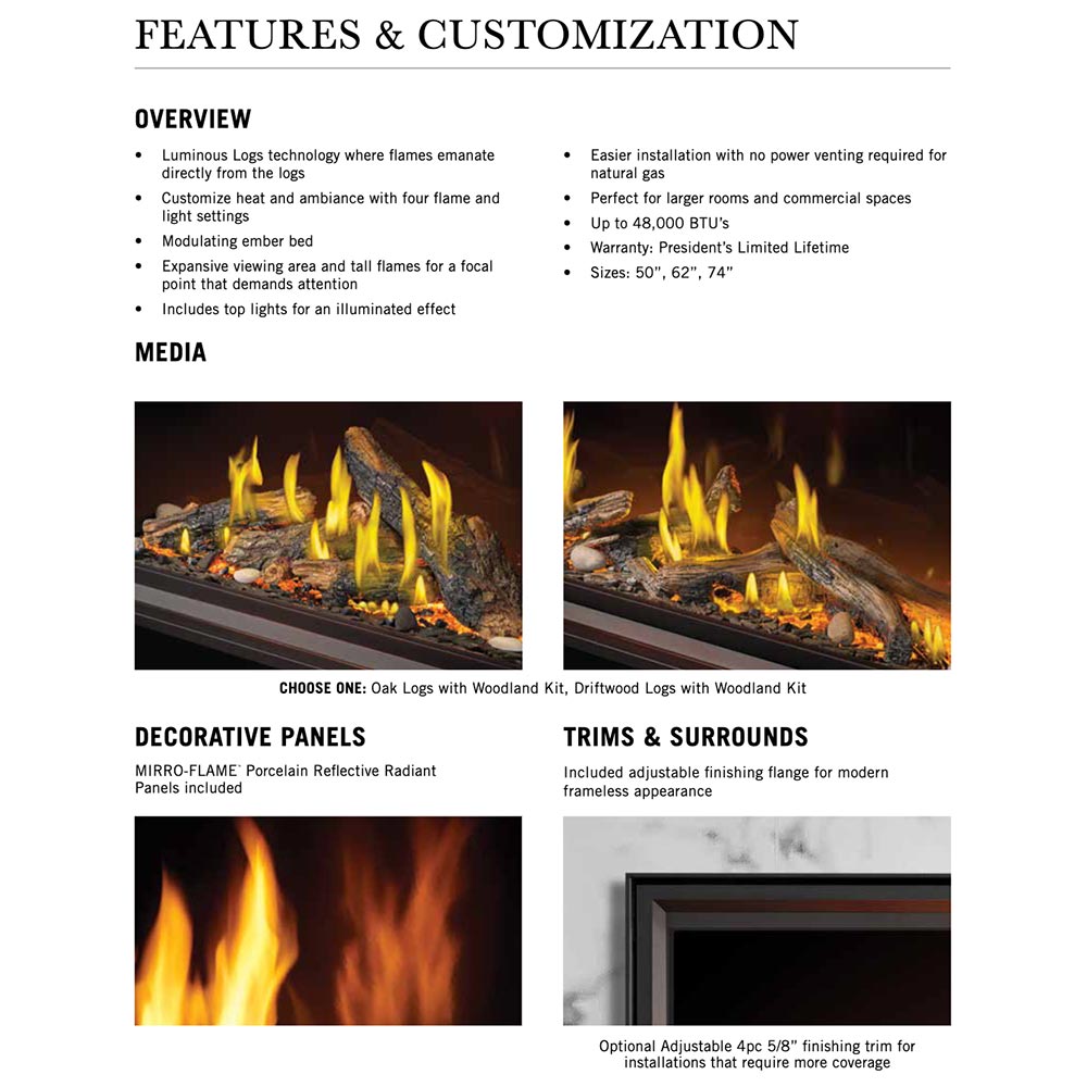 Features and customization brochure page with glowing log flame images and trim details