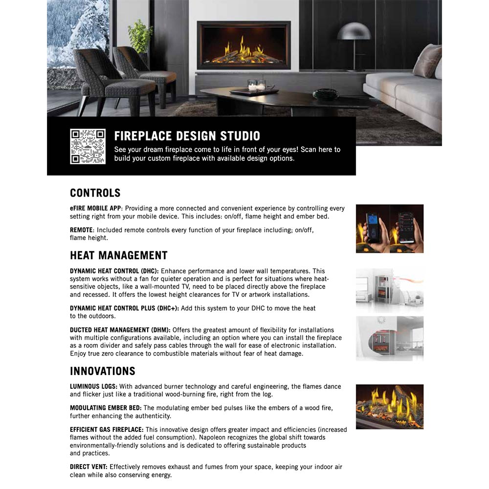 Fireplace brochure page showing design studio, controls, and heat management diagrams