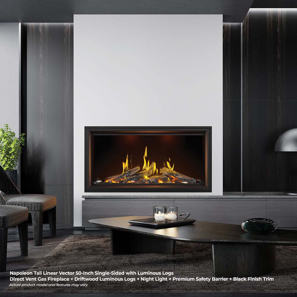Built-in linear gas fireplace with luminous flames and black metal trim