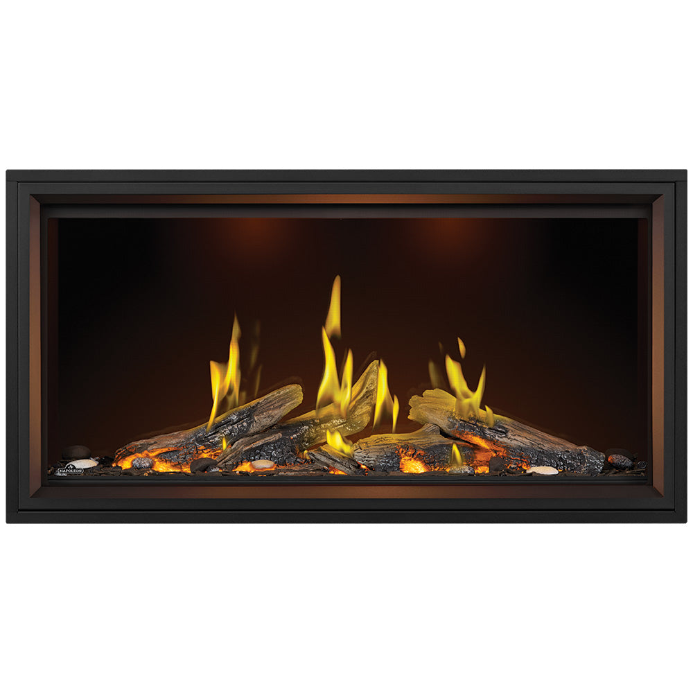 Linear gas fireplace with dark surround, glowing logs and bright yellow flames