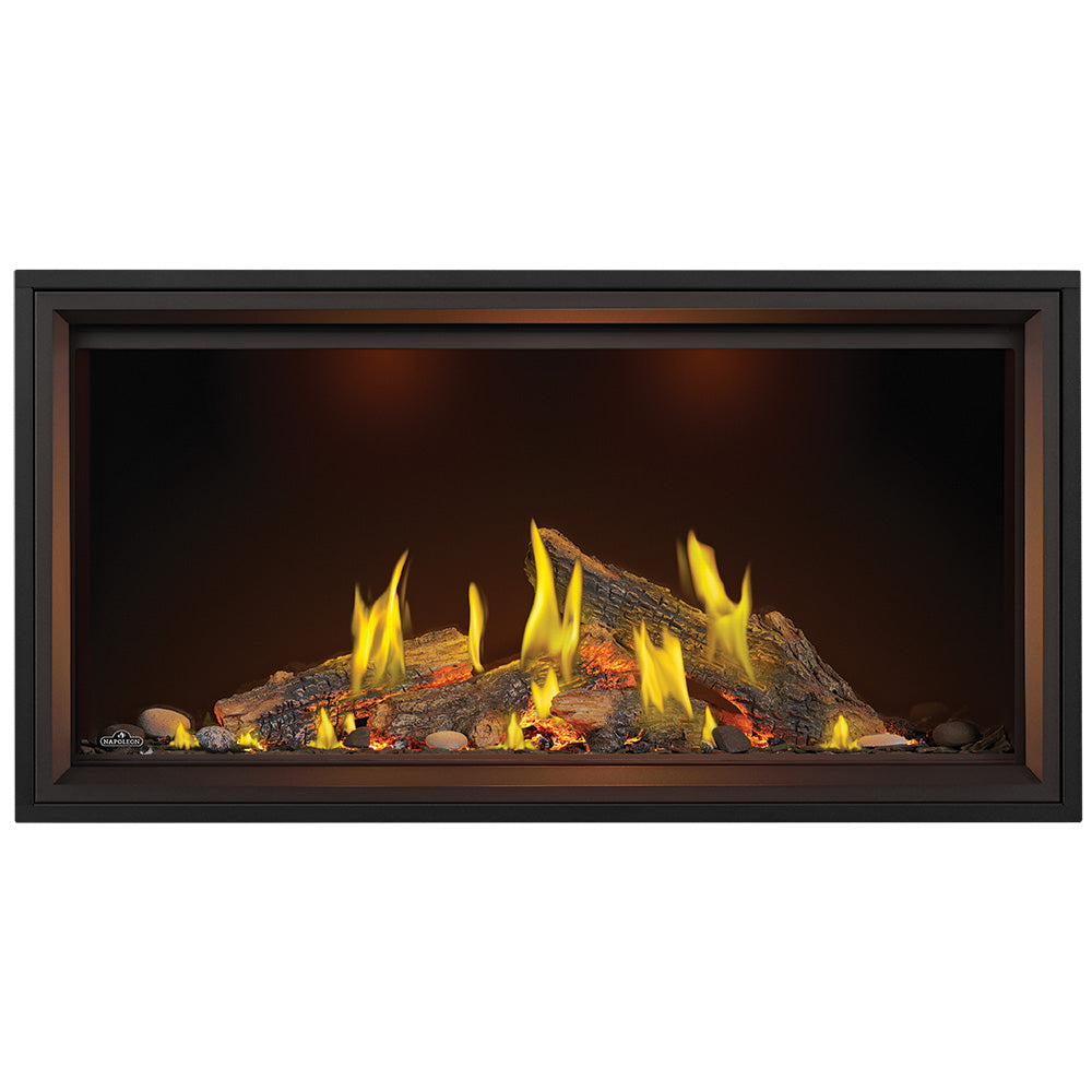 Linear gas fireplace with dark surround, glowing log bed and steady yellow flames