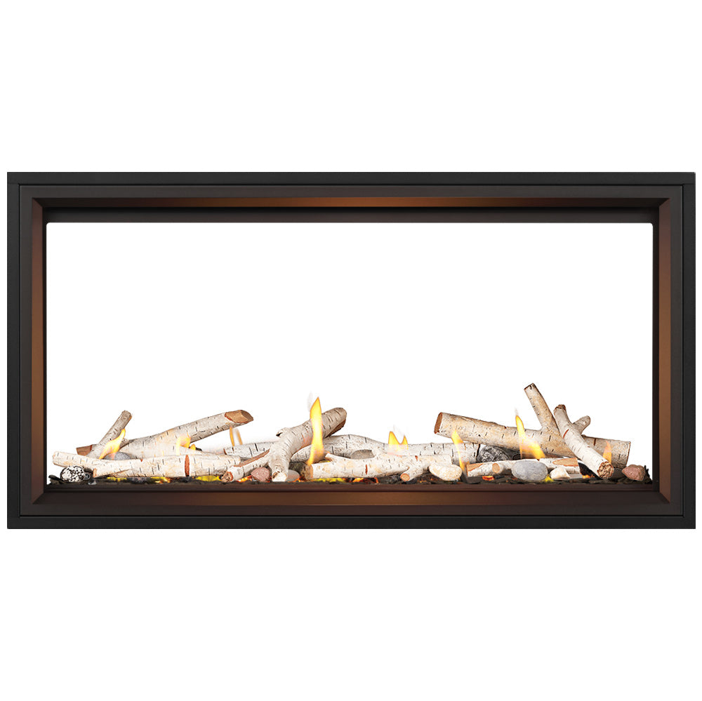 Linear see-through gas fireplace with luminous logs, yellow flames, and black frame