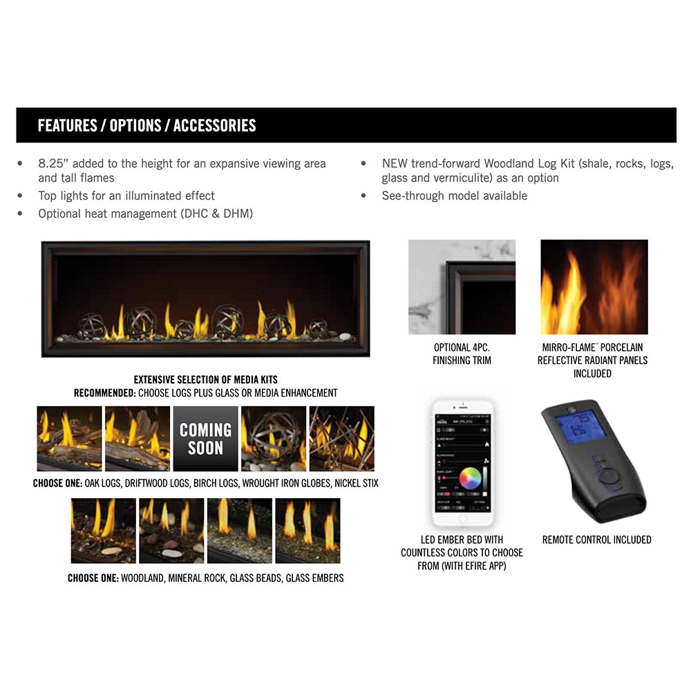 Gas fireplace features sheet showing log options and remote control included