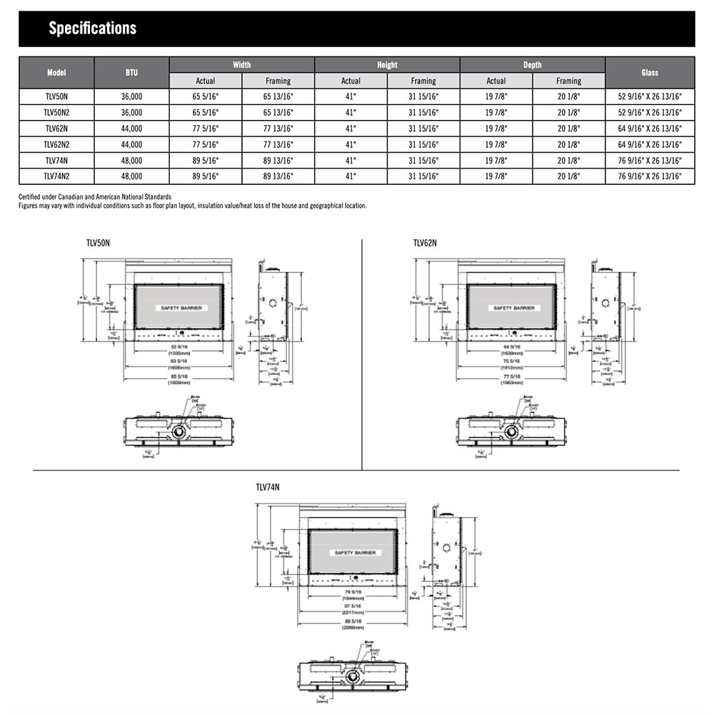Gas fireplace specifications diagram with dimensions and venting measurements