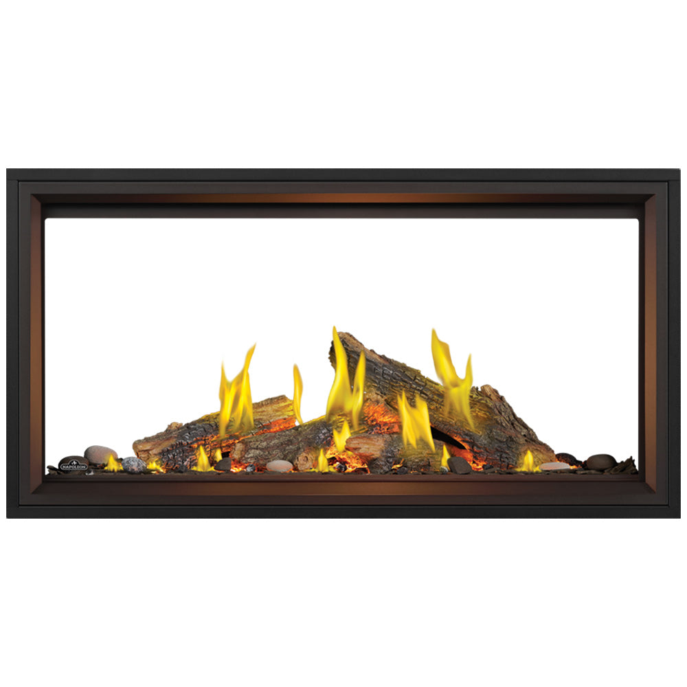 Linear see-through gas fireplace with glowing dark logs and yellow flames, black frame