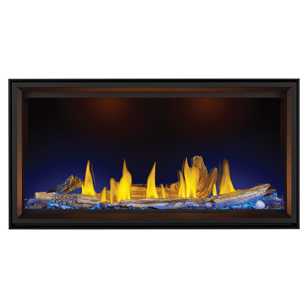 Linear direct vent fireplace with black frame, yellow flames over ember bed