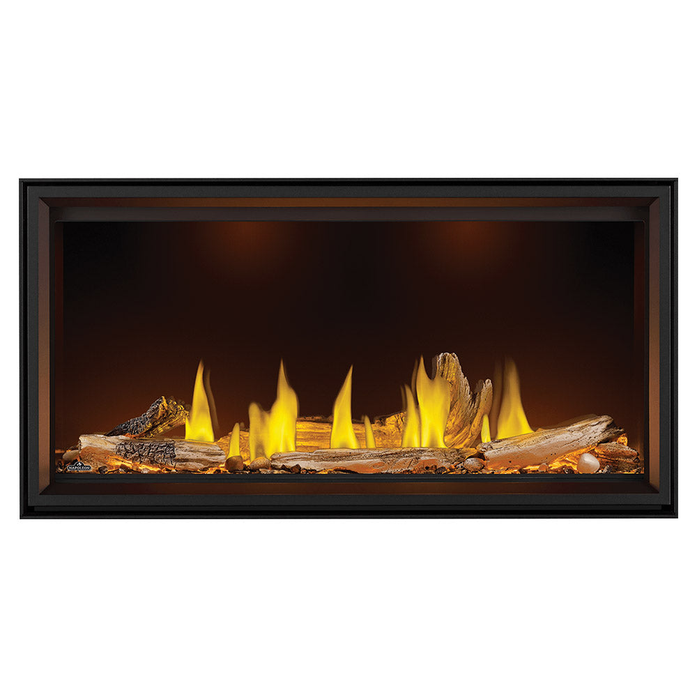 Linear direct vent fireplace with black frame, bright yellow flames over ember bed