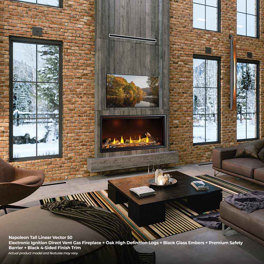 Linear direct vent gas fireplace with black surround and glowing ember bed