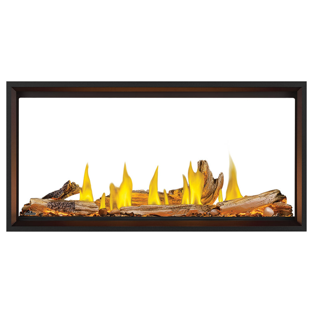 Black-framed linear gas fireplace showing flames and burning logs behind glass