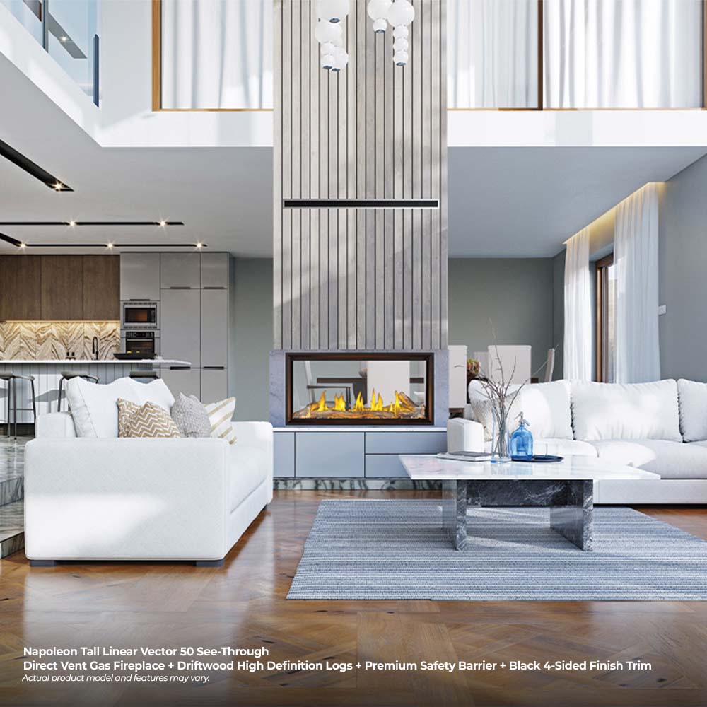Tall linear gas fireplace with glass viewing window and black surround