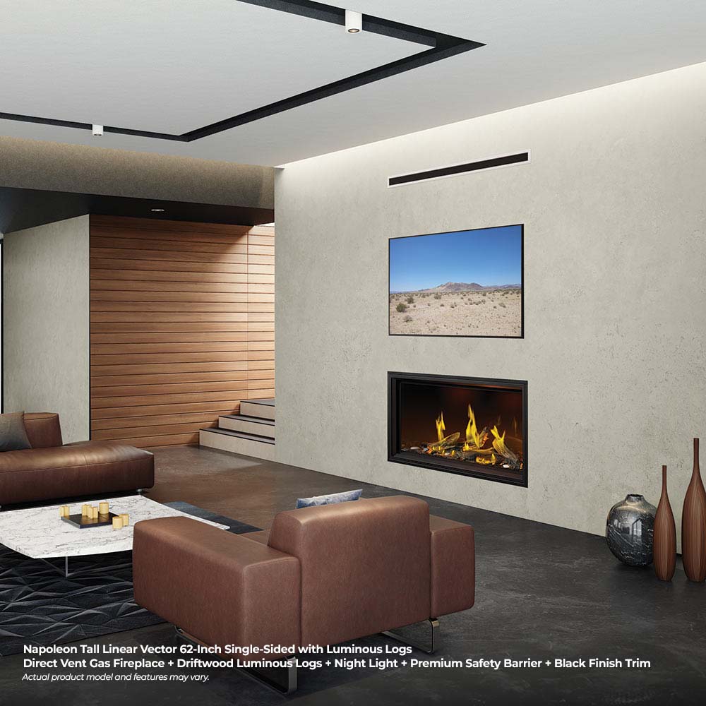 Linear direct vent gas fireplace with glowing flames in wall niche, black frame