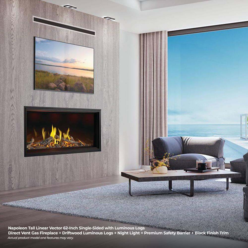 Linear gas fireplace with luminous logs and yellow flames in black frame, wall mounted