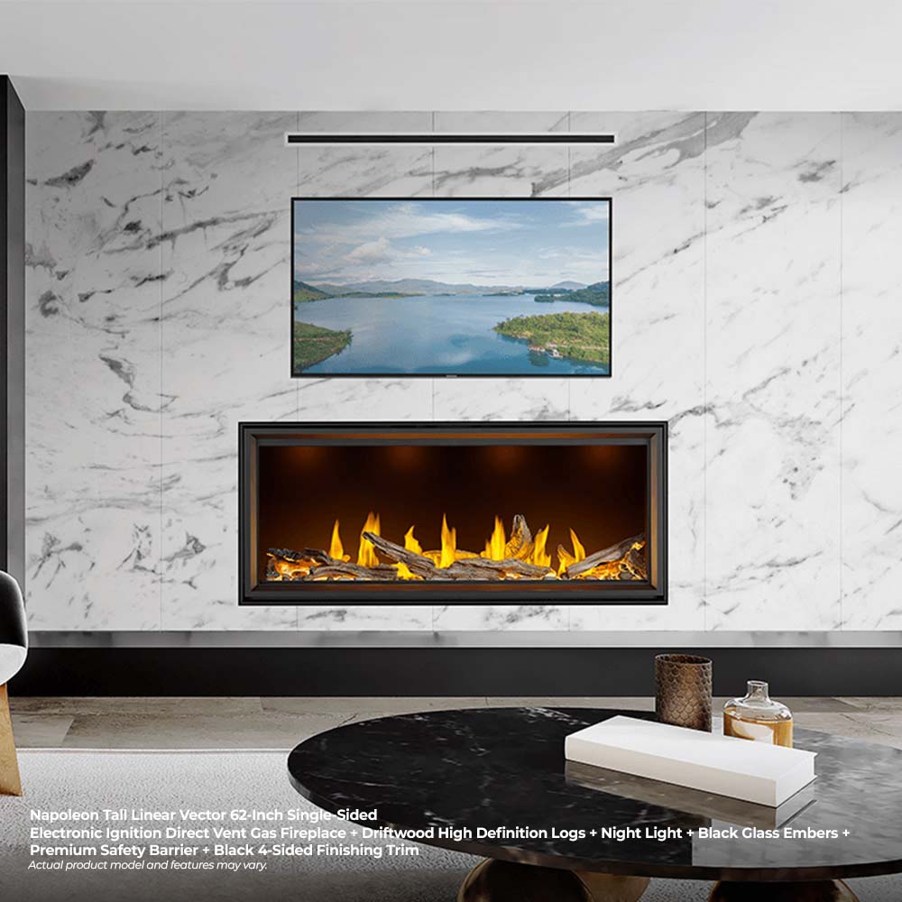 Recessed black linear gas fireplace insert with burning logs in a stone surround