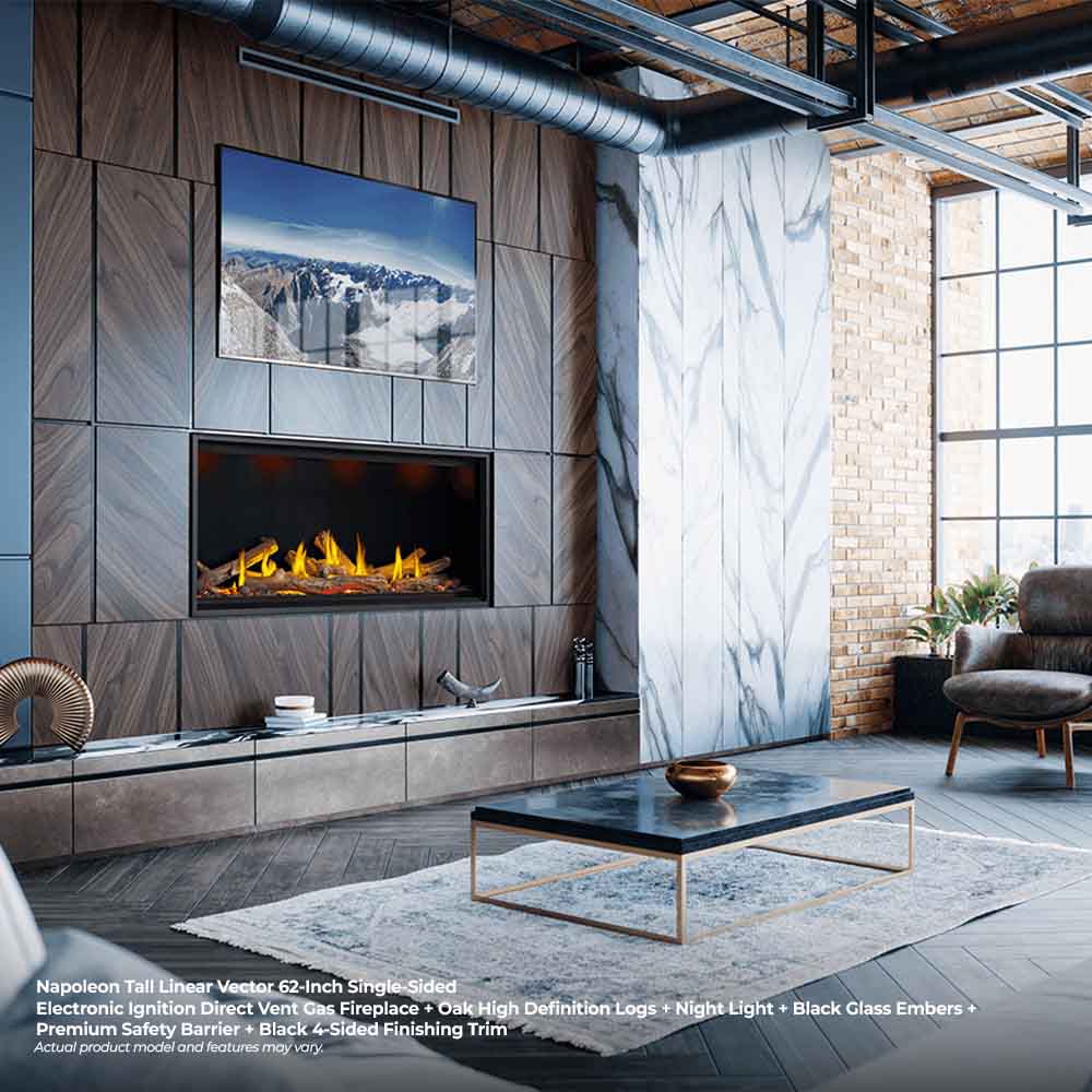 Black linear gas fireplace with bright flames across logs in a tiled wall niche
