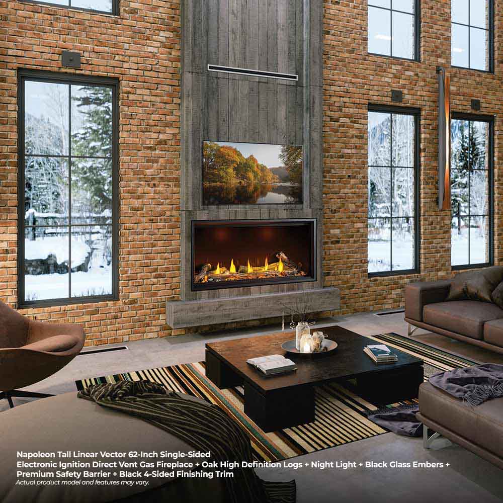 Black linear gas fireplace with burning log bed recessed in a brick wall opening