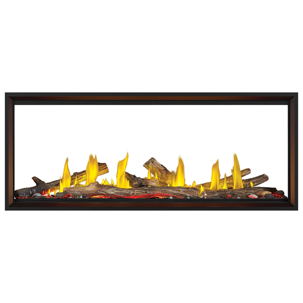 Linear see-through gas fireplace with glowing flames and dark log bed