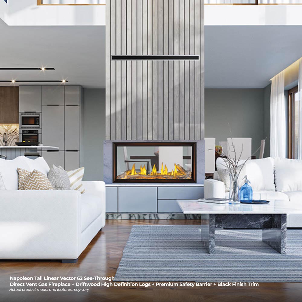 Linear see-through gas fireplace in modern living room with burning log display