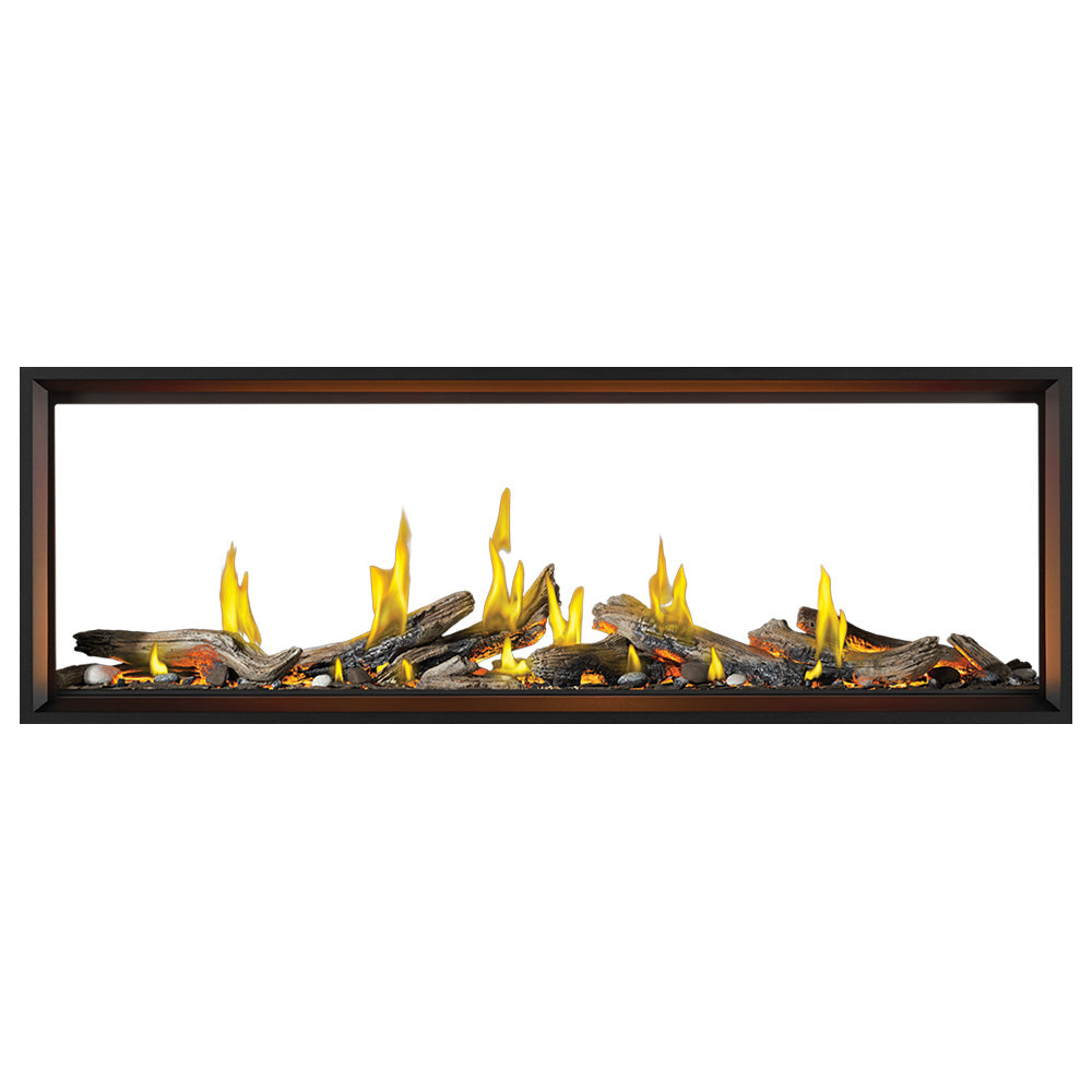 Tall linear see-through gas fireplace with glowing yellow flames and luminous logs