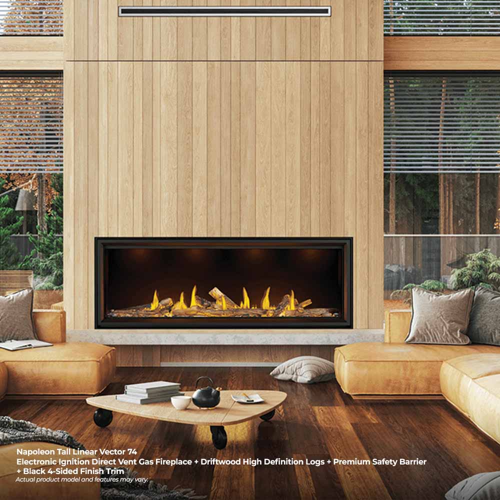 Linear gas fireplace with black frame and glowing flames centered in a modern living space
