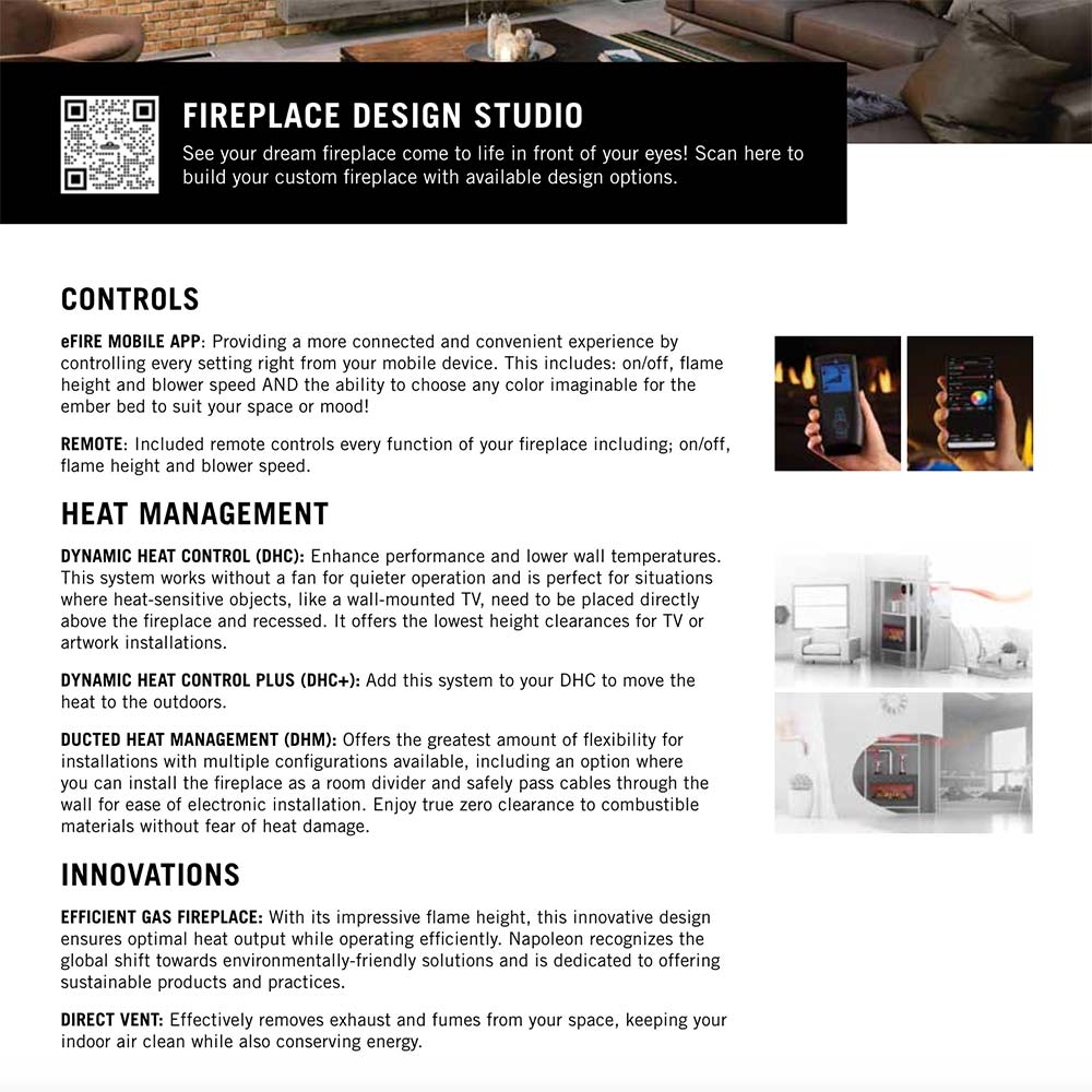 Fireplace design studio info page with controls, heat management, and innovations sections