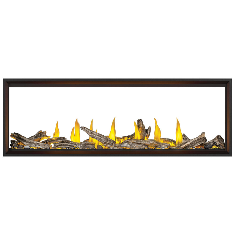 Linear see-through gas fireplace with dark frame and glowing flames over logs