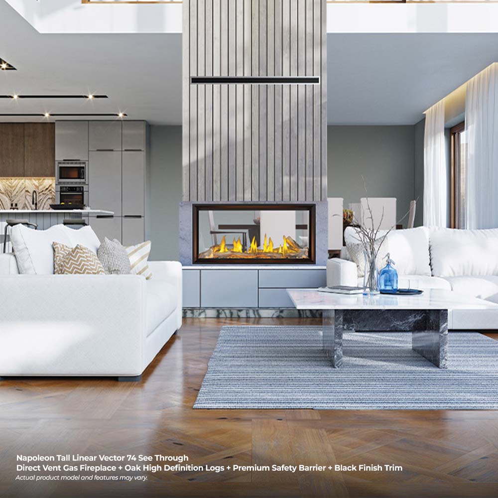 Linear see-through gas fireplace in modern living room with glowing fire bed