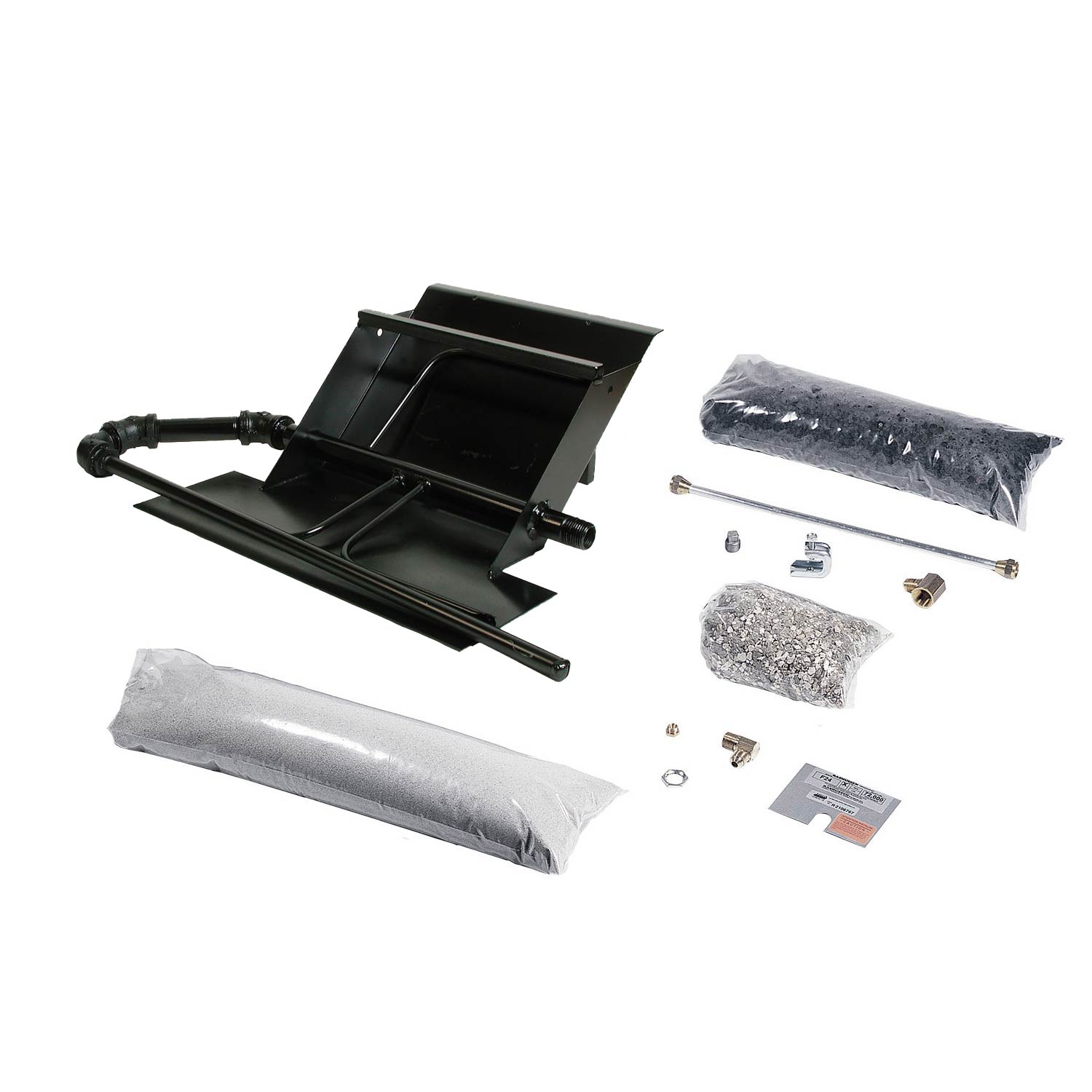 Vented fireplace burner kit with black burner assembly, insulation wrap, and hardware pieces
