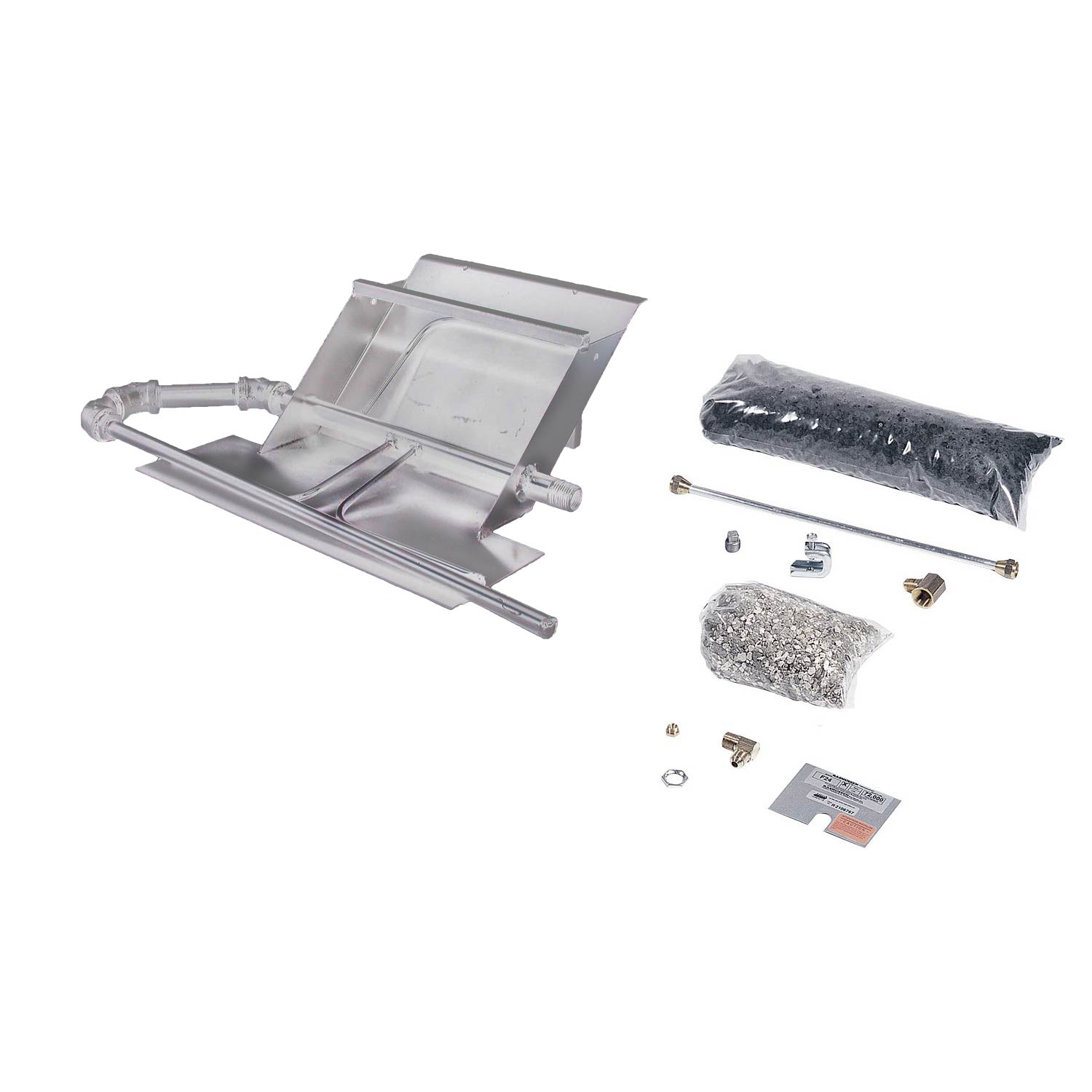Stainless steel fireplace burner kit with burner pan, ignition tube, fittings and manual