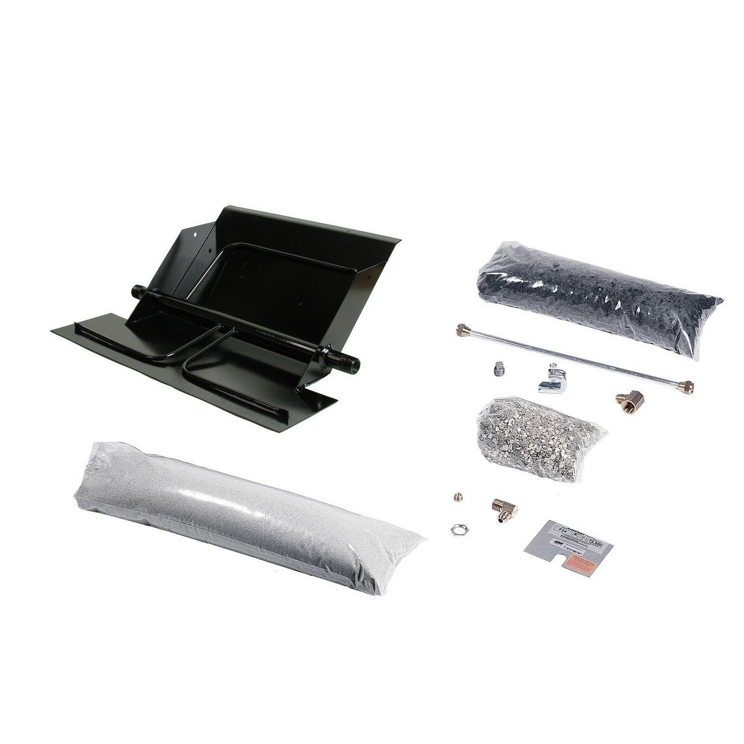Vented fireplace burner kit with black burner pan, insulation pads, and hardware