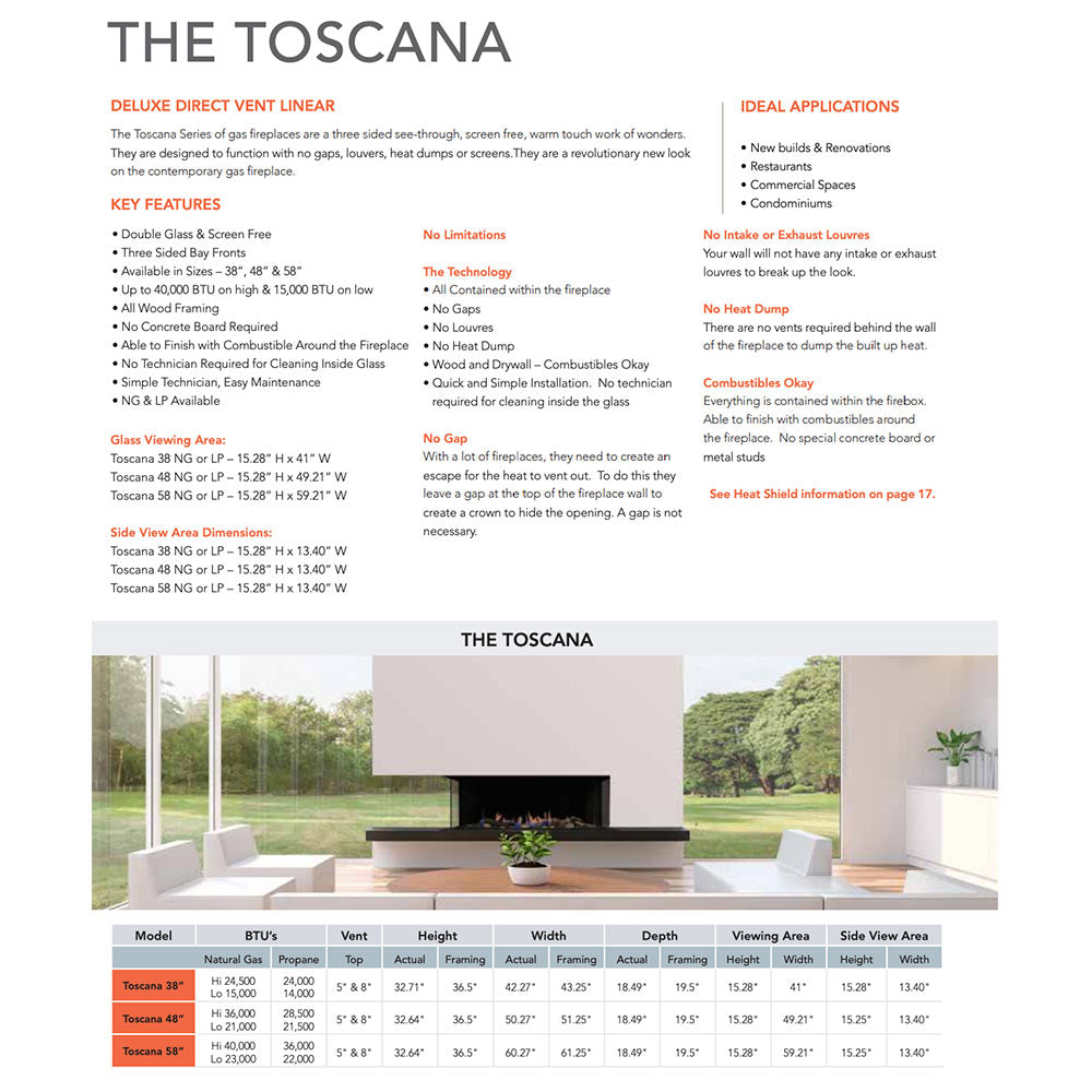 Sierra Flame TOSCANA-38 38-Inch Toscana 3-Sided Direct Vent Built-In Linear Gas Fireplace