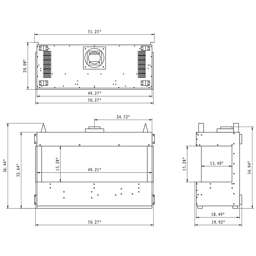48-inch built-in linear direct vent gas fireplace unit, 3-sided design dimensions