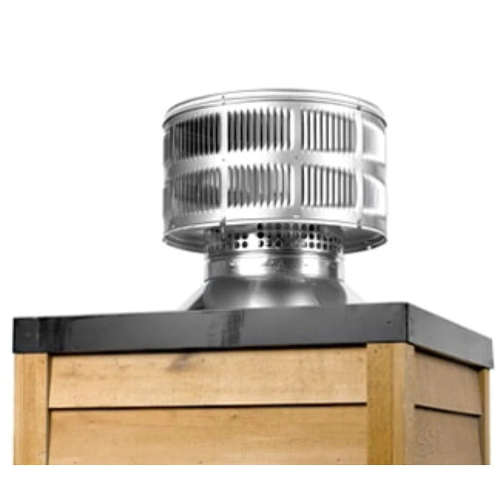 Round metal termination cap with storm collar, vented grille top