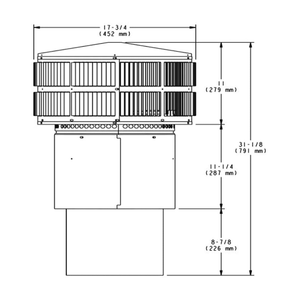 Technical diagram of round telescoping termination cap with storm collar and dimensions