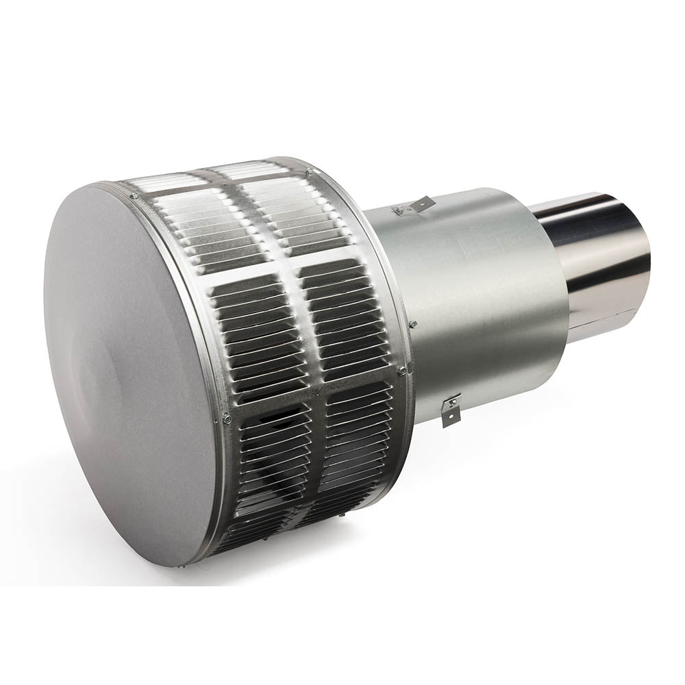 Round termination cap with storm collar, side view of vented metal louvered grille