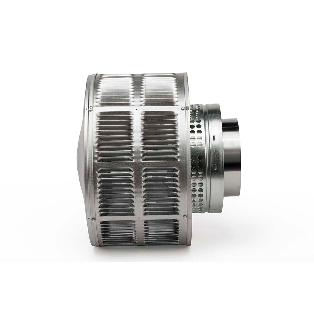 Round metal termination cap with storm collar and vented grille, side view