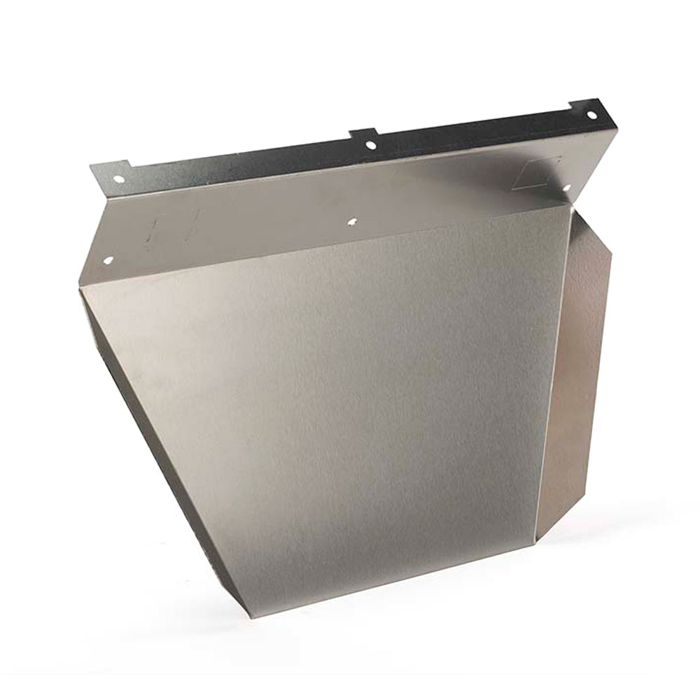 Vinyl siding shield, gray metal with slanted sides and top mounting holes